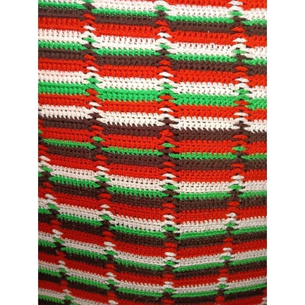 Vintage Handmade Crochet Afghan Throw Blanket Burnt Orange Green Brown Big 80x78